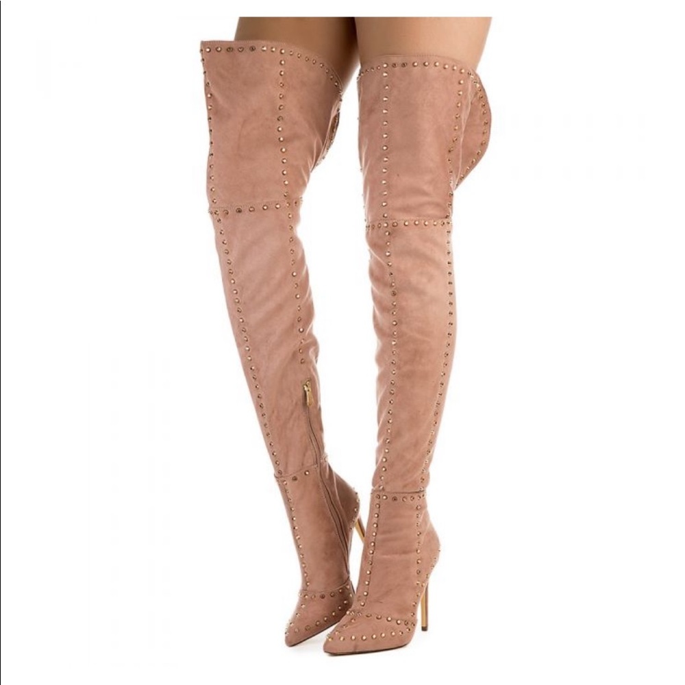 Thigh high gold studded boot